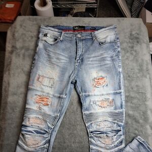 Switch Remarkable Jeans Men 38x34 PatchWork Painted Fade Slim Taper Fit Biker